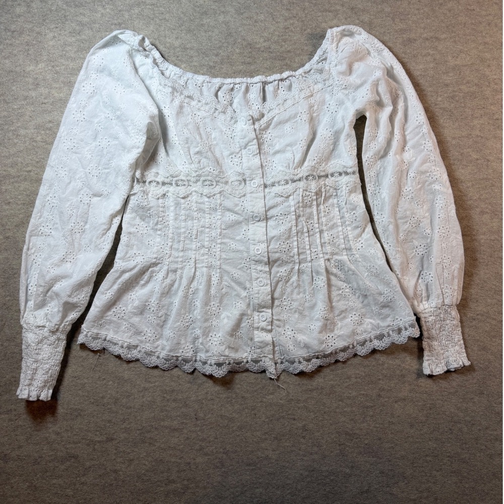 Romantic Y2K Eyelet Lace Off Shoulder Button Front Blouse Smocked Cuff White  L